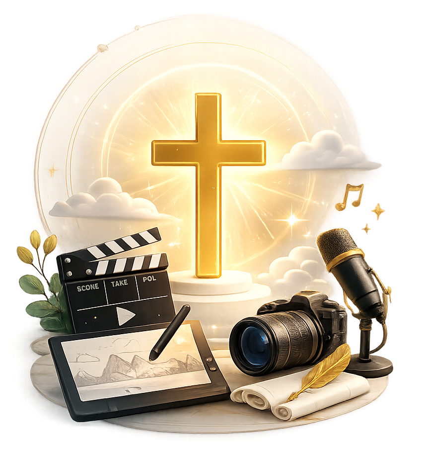 Faith-inspired creative media — cross, camera, clapperboard, microphone, and design tools